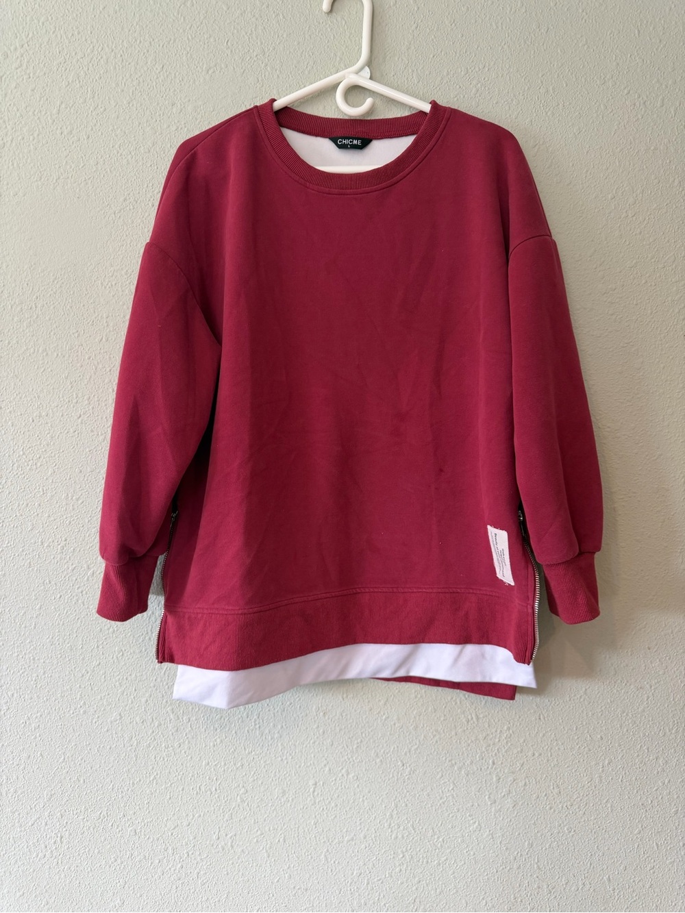 ChicMe Burgundy Layered Side Zip Sweatshirt Size L Oversized Pullover